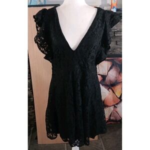 Boohoo Sz 8 Ladies Black lace Short Sleeve Flare Skater Style Summer‎ Dress